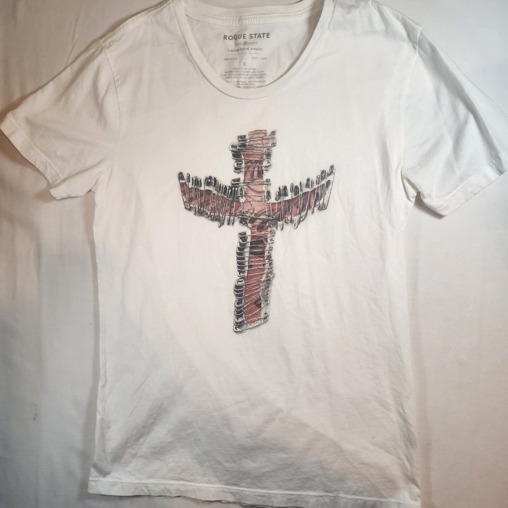 Rogue State Mens White Safety Pin Cross Graphic T-Shirt Size S Made in USA